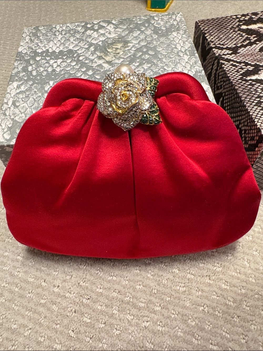 Vintage Judith Leiber Red Clutch with Gold Rose Accent